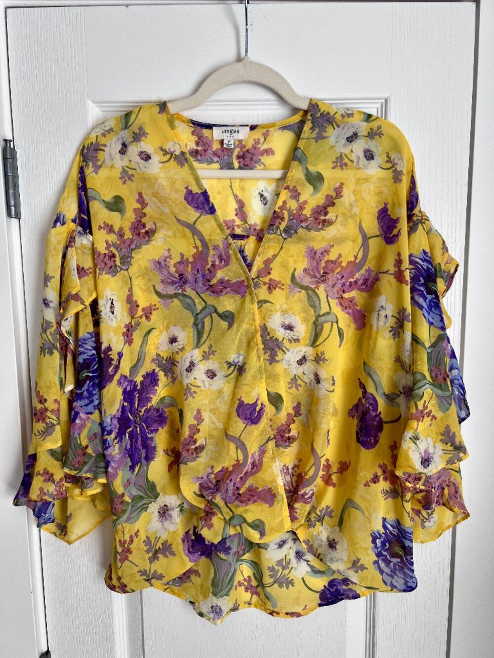 Umgee Floral Ruffle Faux-Wrap Sheer Blouse - Size M